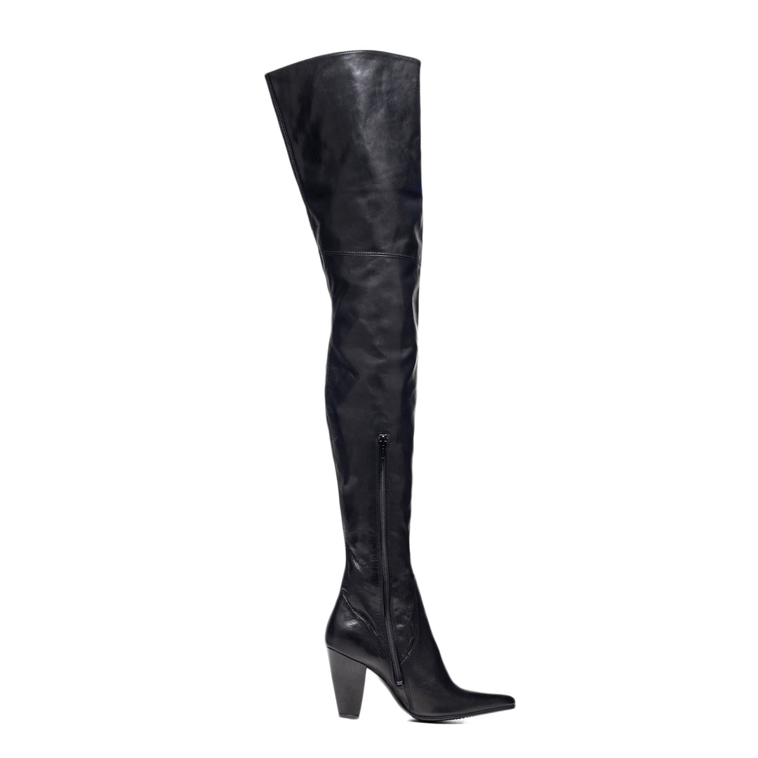 Pointed thigh high boots with block heel (model 112) black leather
