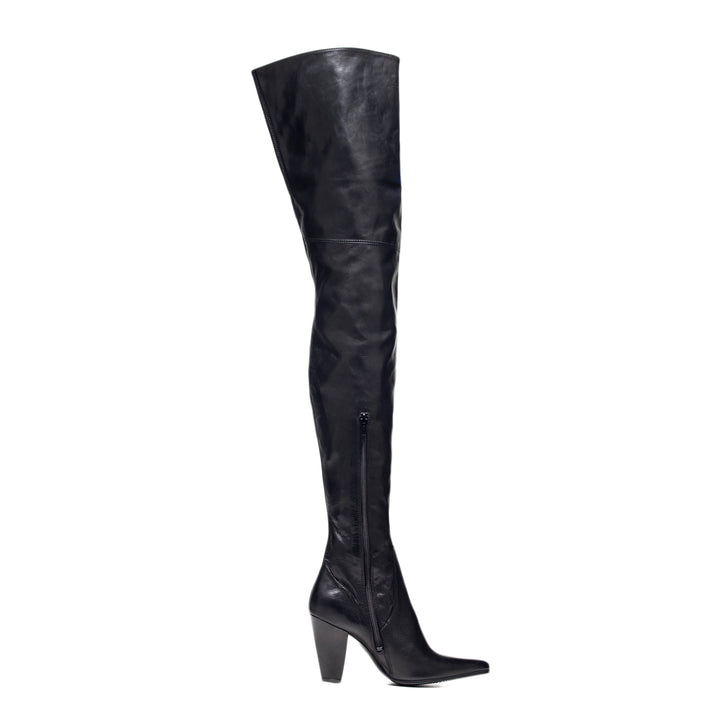 Pointed thigh high boots with block heel (model 112) black leather