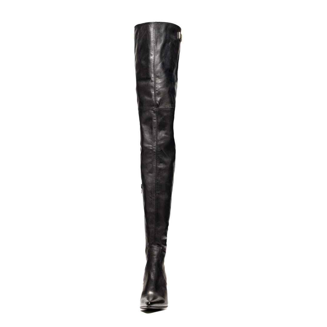 Pointed thigh high boots with block heel (model 112) black leather