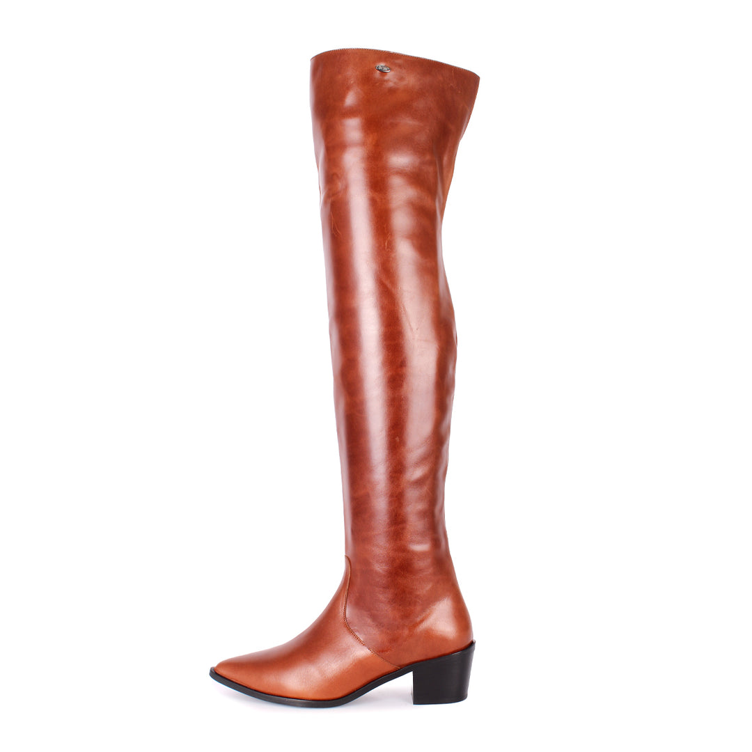 Pointed thigh high boots with flat heel (model 180) leather cognac
