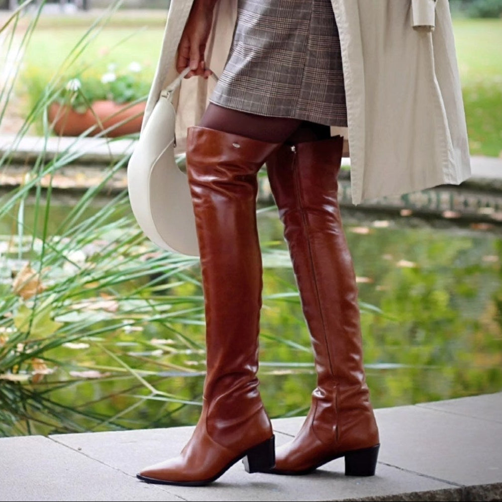 Pointed thigh high boots with flat heel (model 180) leather cognac