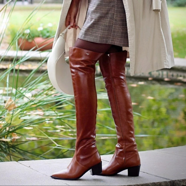 Pointed thigh high boots with flat heel (model 180) leather cognac