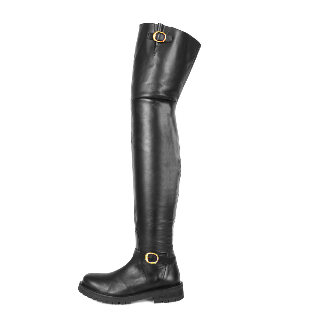 Flat thigh high boots with gold buckles (model 609) leather camel