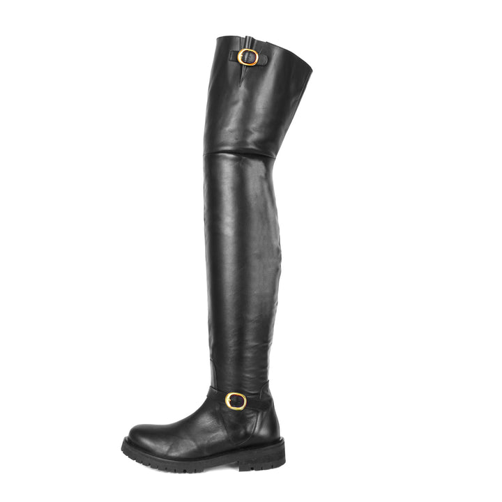 Flat thigh high boots with gold buckles (model 609) leather camel