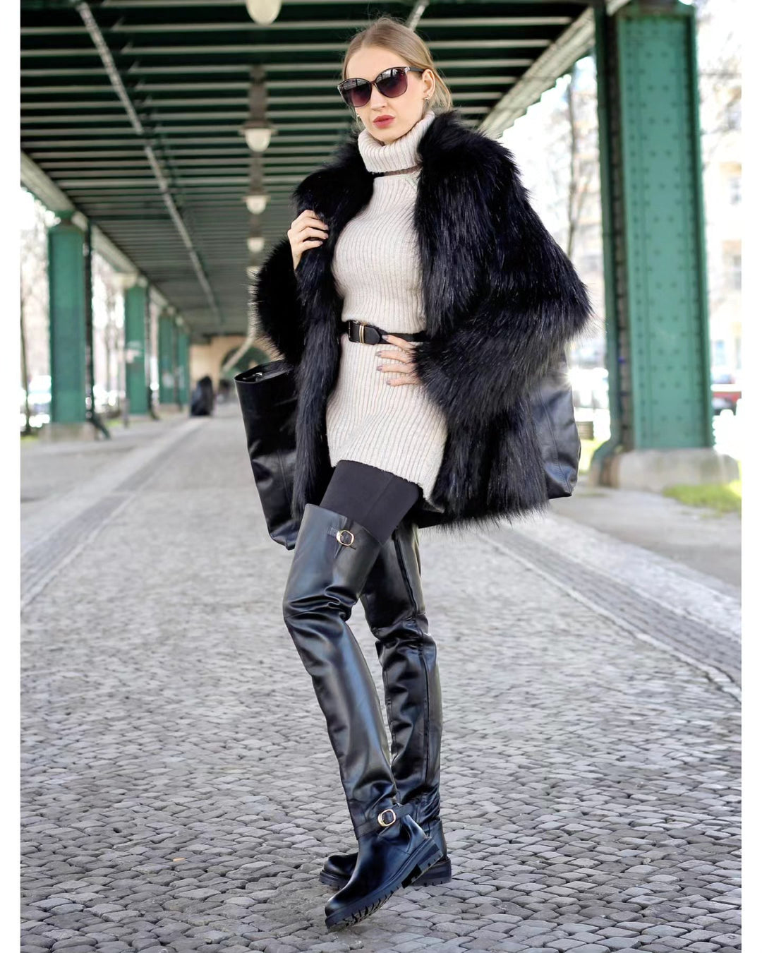 Flat thigh high boots with gold buckles (model 609) leather camel