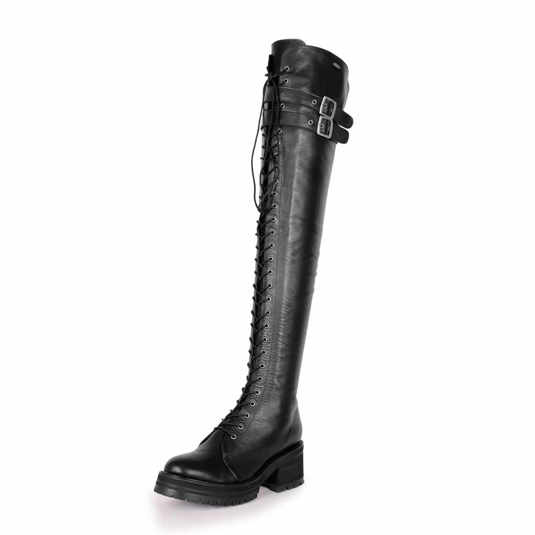Thigh high boots combat/gothic style (model 670) leather dark brown
