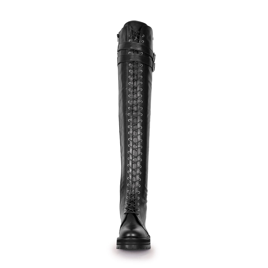 Thigh high boots combat/gothic style (model 670) leather dark brown