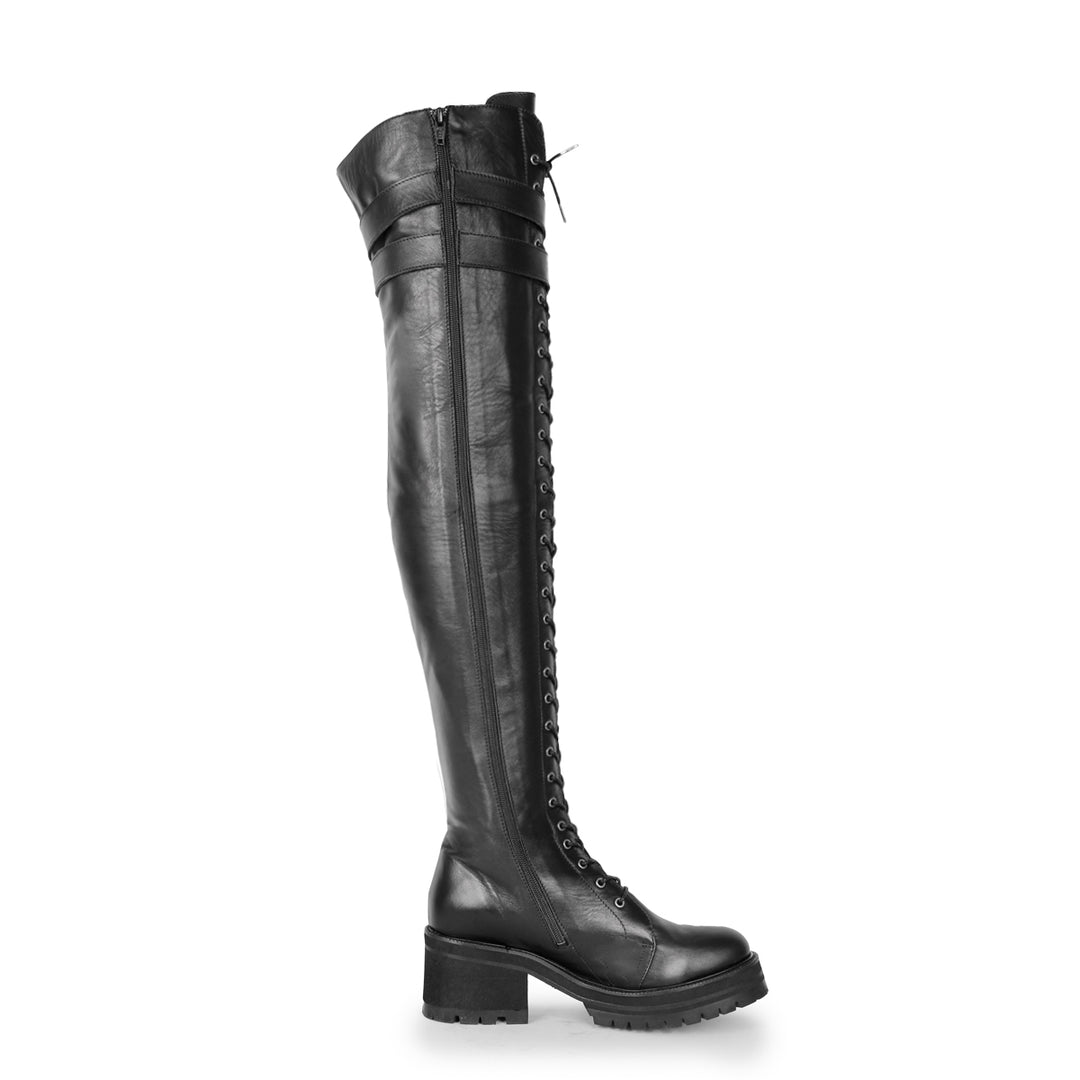 Thigh high boots combat/gothic style (model 670) leather dark brown