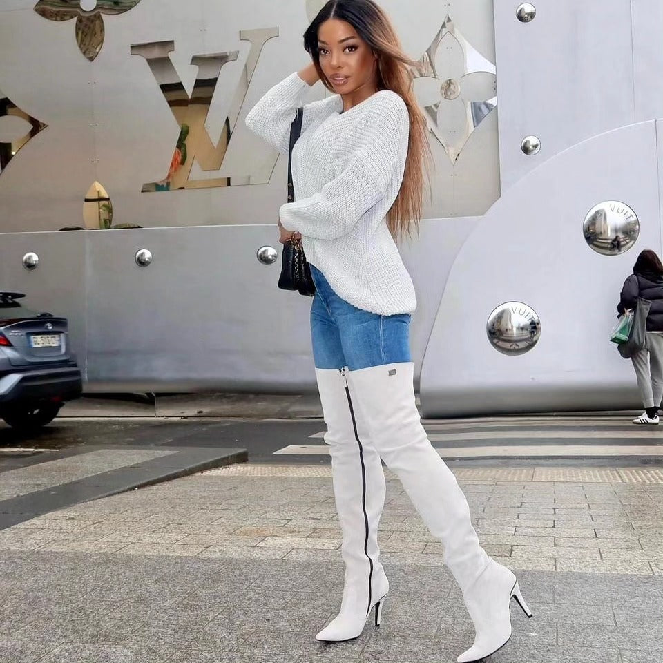 Super long high heel boots (model 106) suede light grey