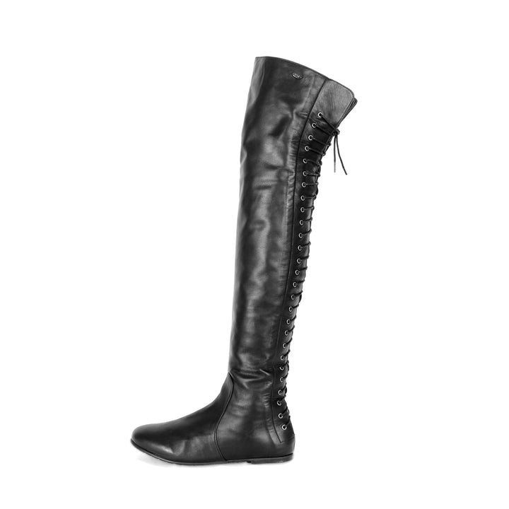 Cuissardes ultra plates à laçage (modèle 108) cuir noir