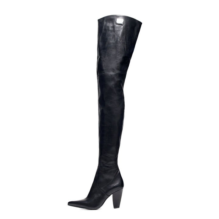 Crotch high boots block heel (model 112) leather ivory