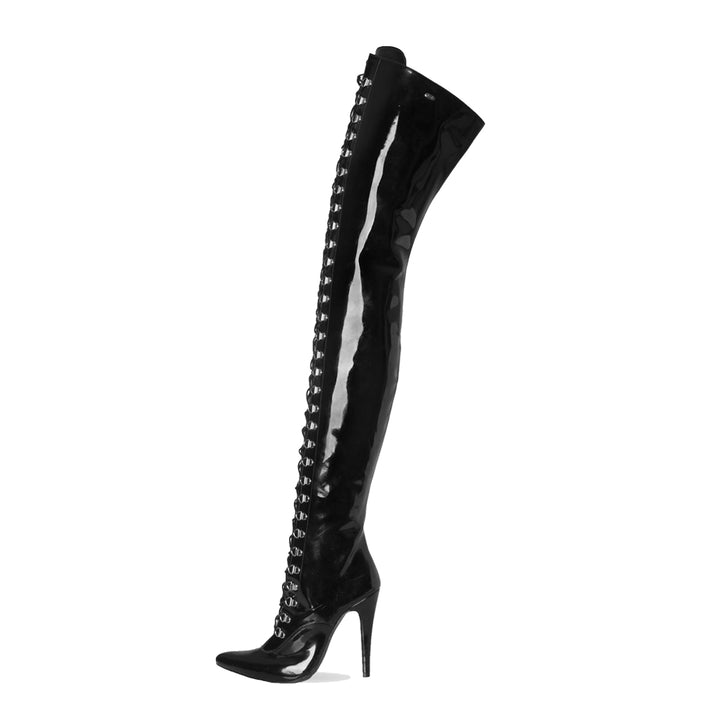 Overkneestiefel mit Schnürung und High Heels (Modell 116) Vinyl schwarz