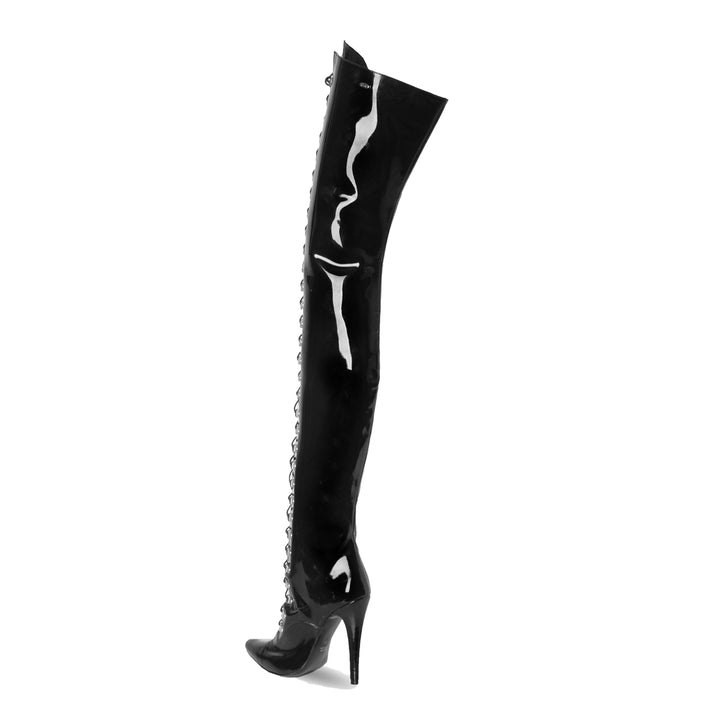 Overkneestiefel mit Schnürung und High Heels (Modell 116) Vinyl schwarz