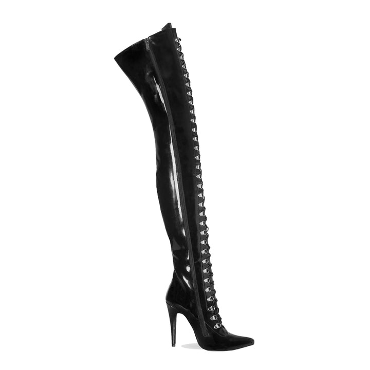 Overkneestiefel mit Schnürung und High Heels (Modell 116) Vinyl schwarz