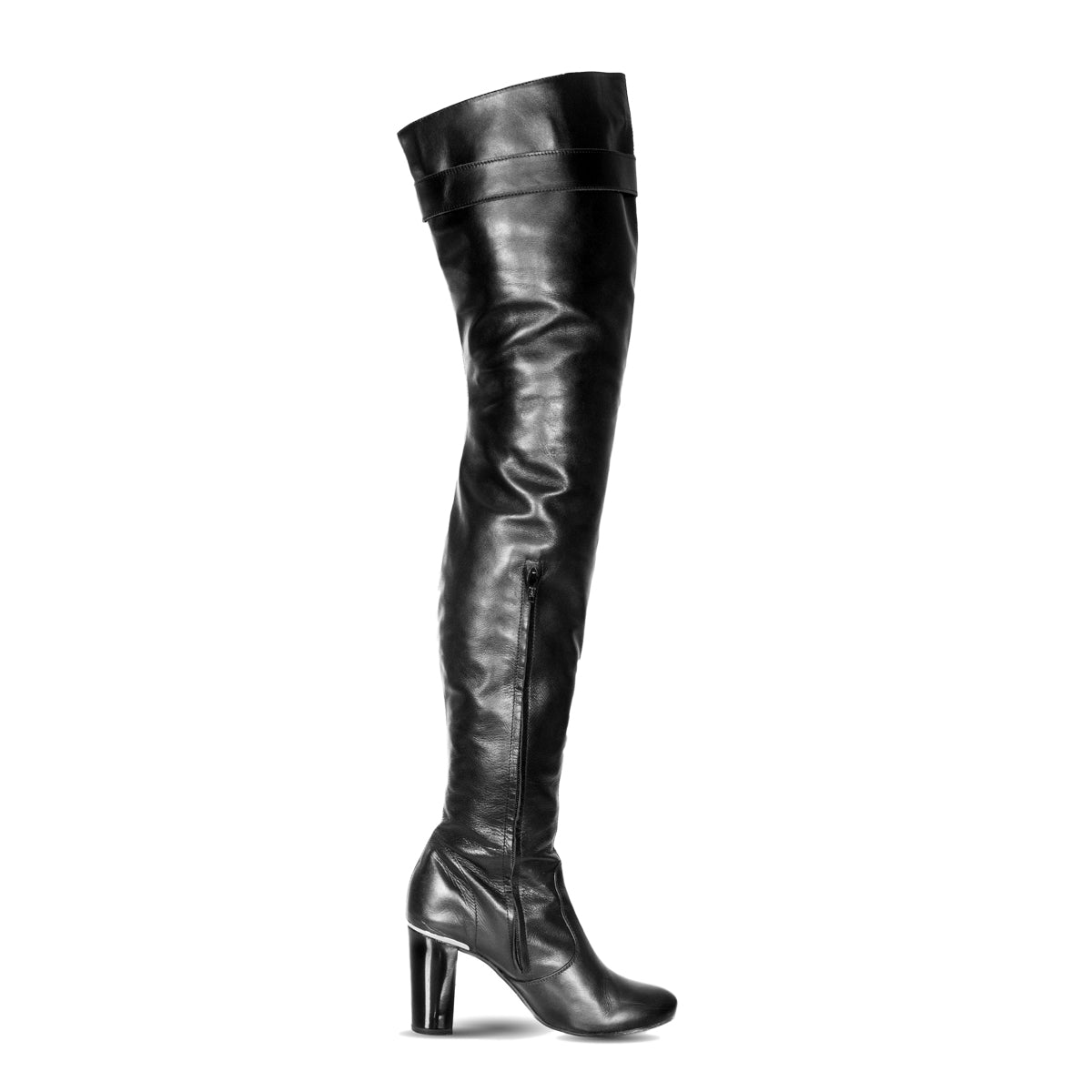 Leather thigh high boots block heel deals