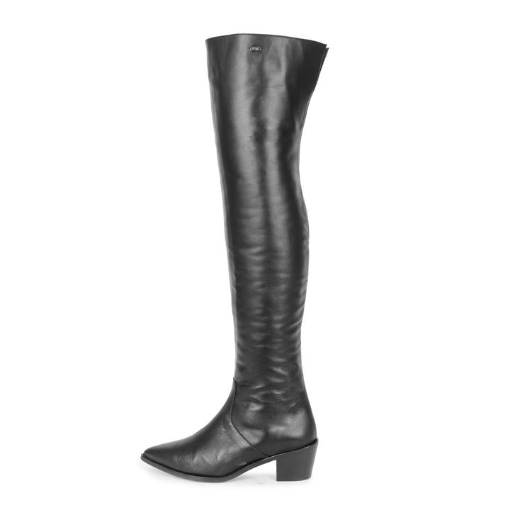 Cuissardes pointues à talon plat (modèle 180) cuir noir