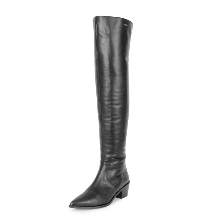 Cuissardes pointues à talon plat (modèle 180) cuir noir