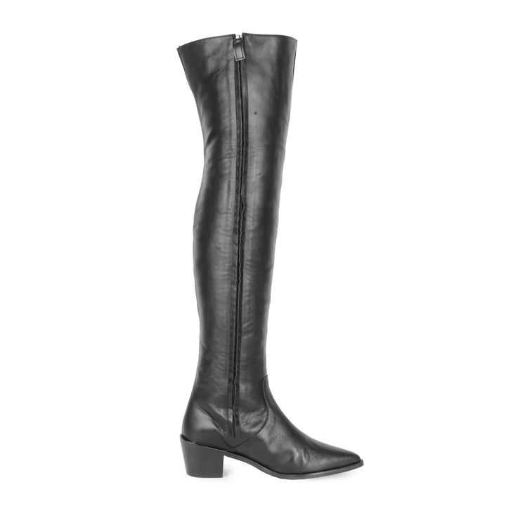 Cuissardes pointues à talon plat (modèle 180) cuir noir