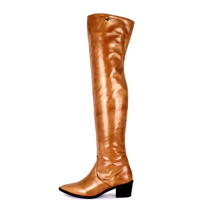 Cuissardes pointues à talon plat (modèle 180) cuir camel