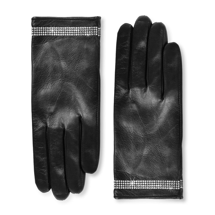 Short leather gloves with Swarovski® crystals (model 211) black leather