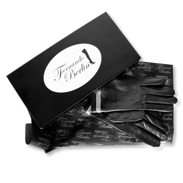 Short leather gloves with Swarovski® crystals (model 211) black leather