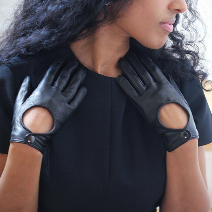 Kurze Autofahrer Handschuhe mit Druckknopf (Modell 212) Leder schwarz