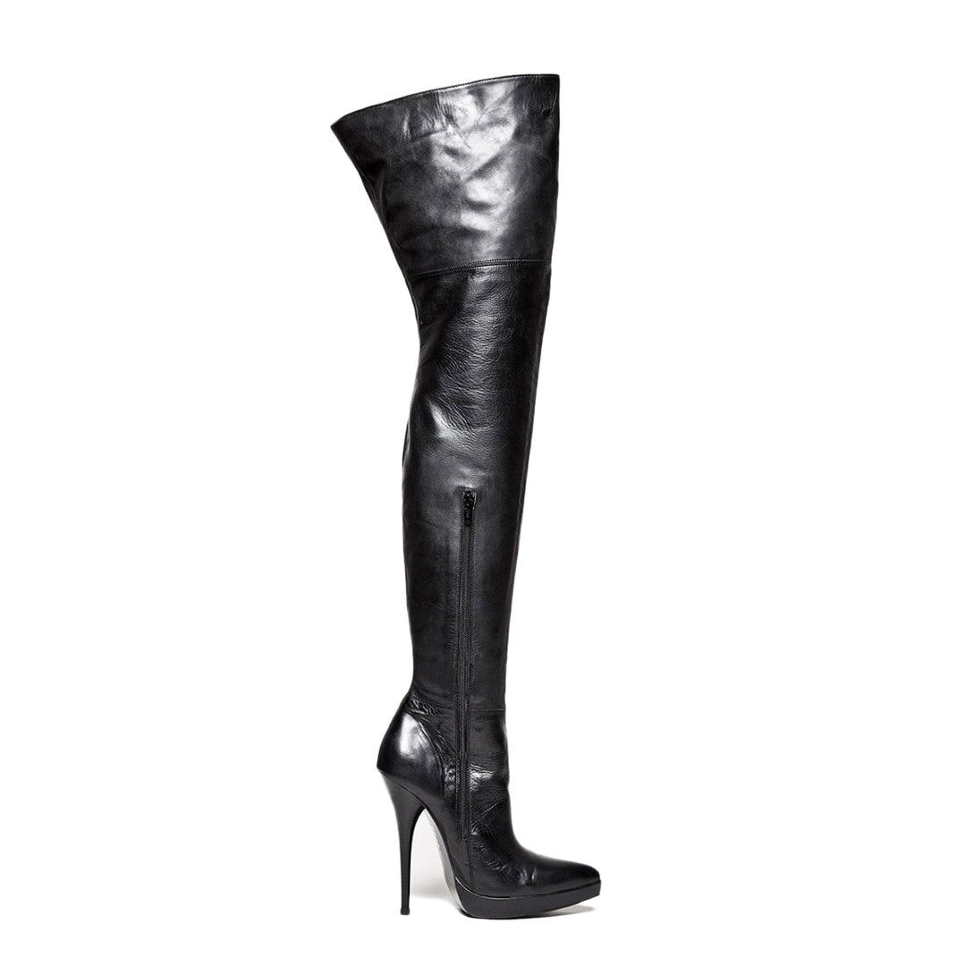 Thigh high boots with stiletto heels and platform (model 310) black leather