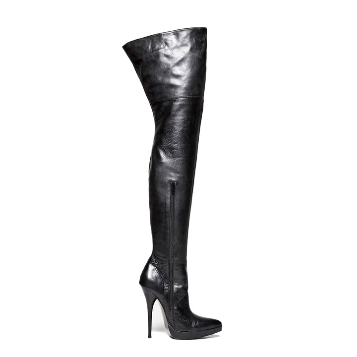 Thigh high boots with stiletto heels and platform (model 310) black leather