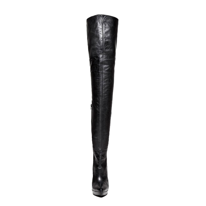 Thigh high boots with stiletto heels and platform (model 310) black leather