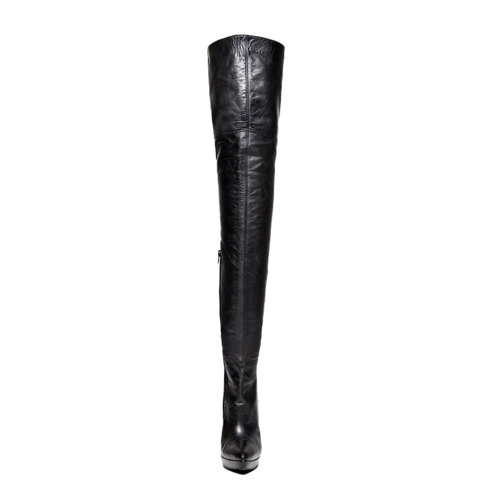 Thigh high boots with stiletto heels and platform (model 310) vinyl black