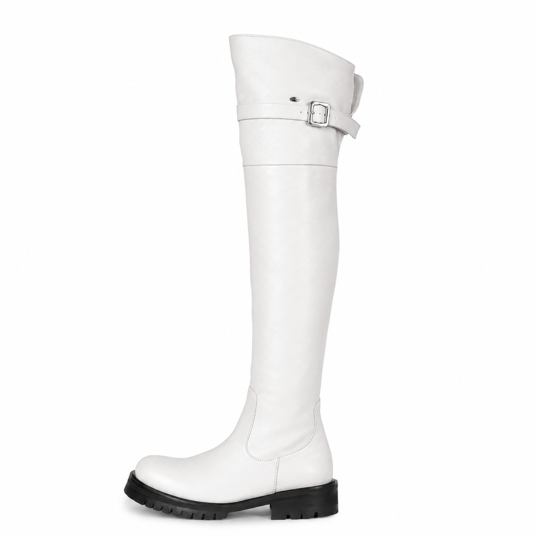 Over-the-knee boots with profile sole and strap (model 350) leather white