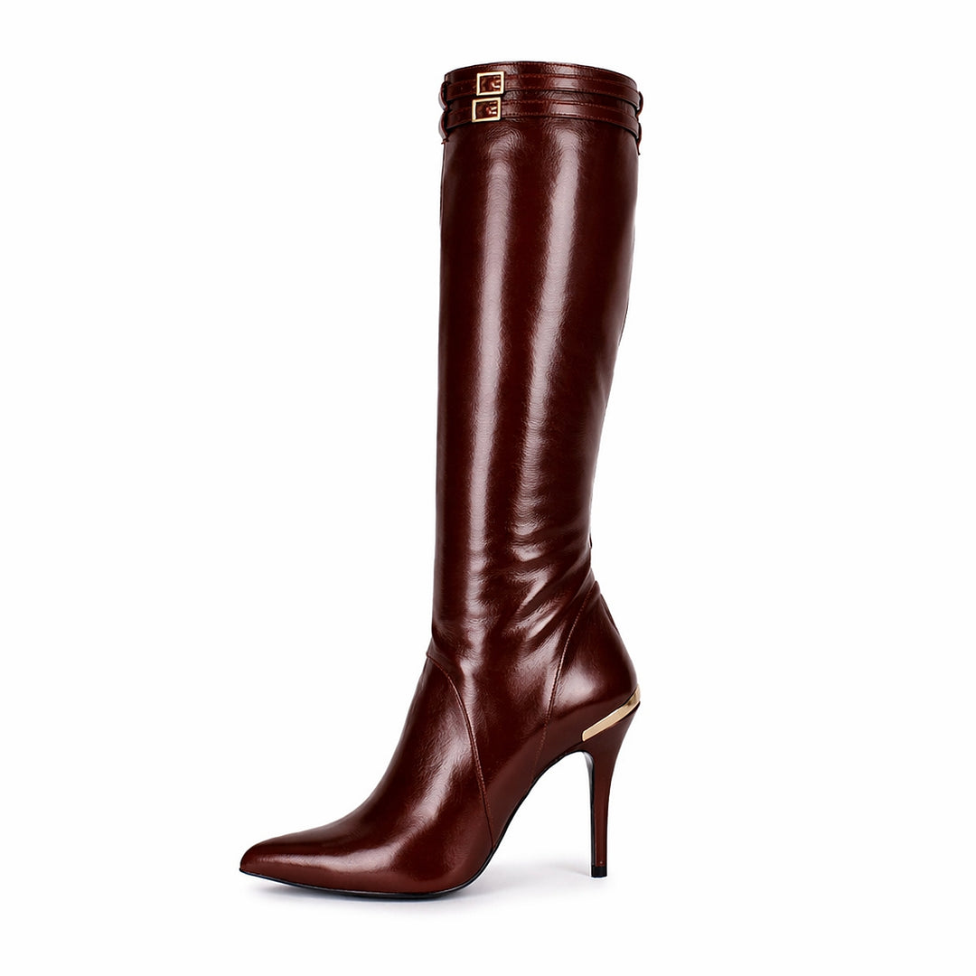 Knee-high boots with high heels and straps (model 404) leather dark brown