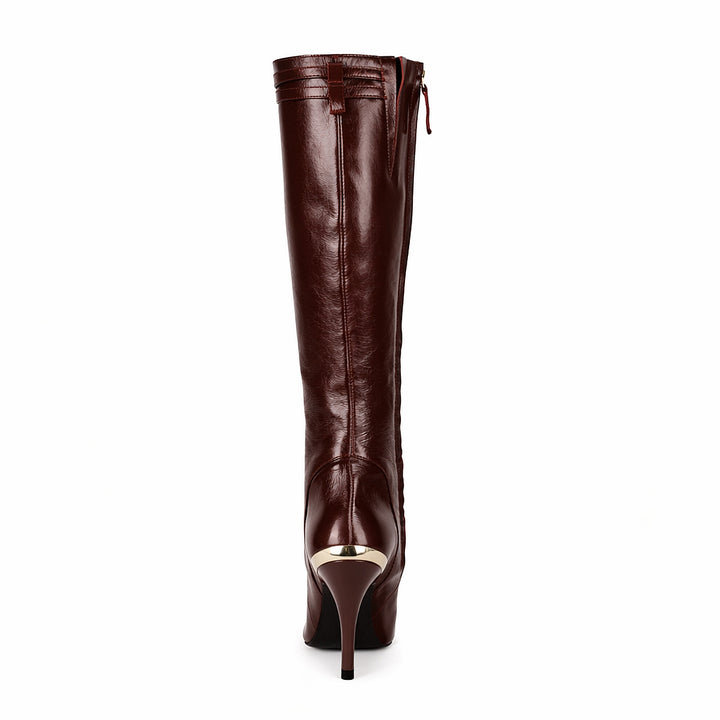 Knee-high boots with high heels and straps (model 404) leather dark brown