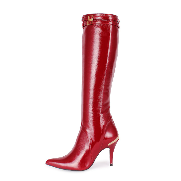 Knee-high boots with high heels and straps (model 404) patent leather oxblood