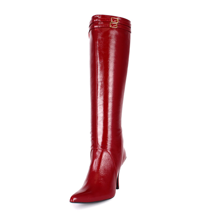 Knee-high boots with high heels and straps (model 404) patent leather oxblood