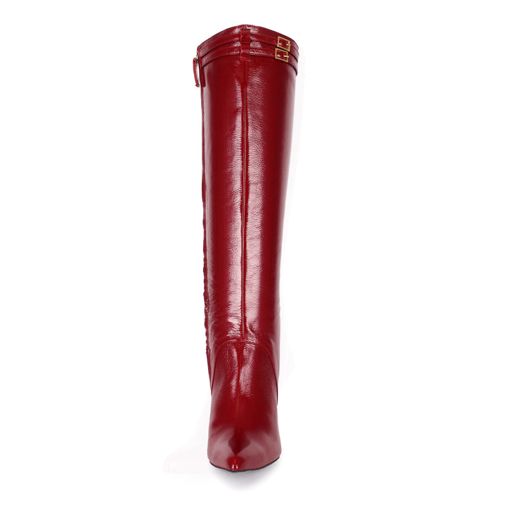 Knee-high boots with high heels and straps (model 404) patent leather oxblood