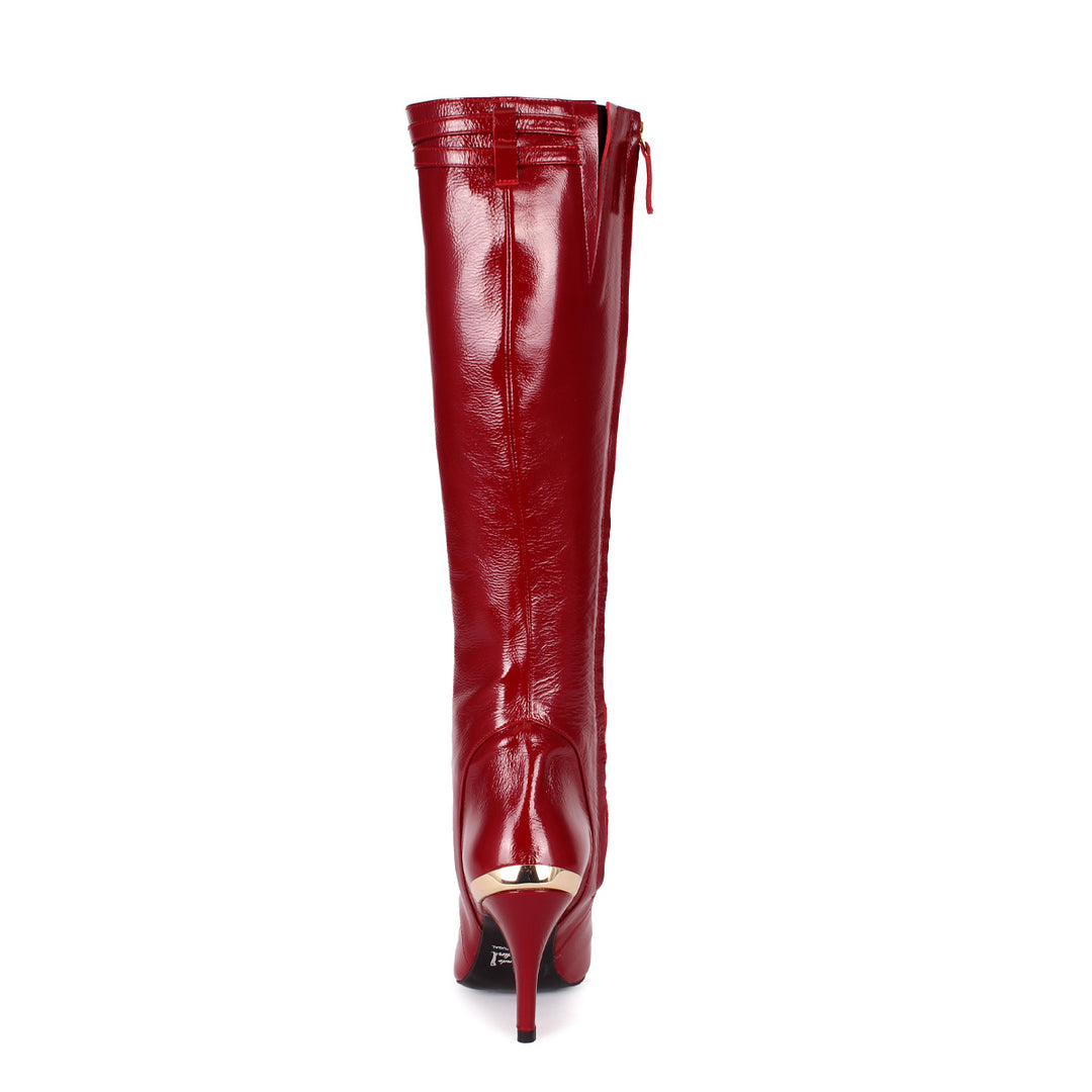 Knee-high boots with high heels and straps (model 404) patent leather oxblood