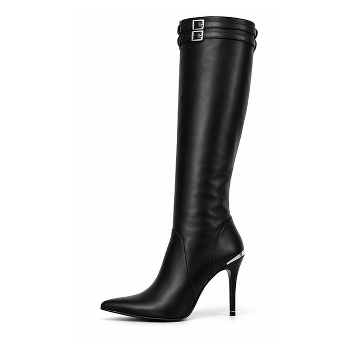Knee-high boots with high heels and straps (model 404) leather black