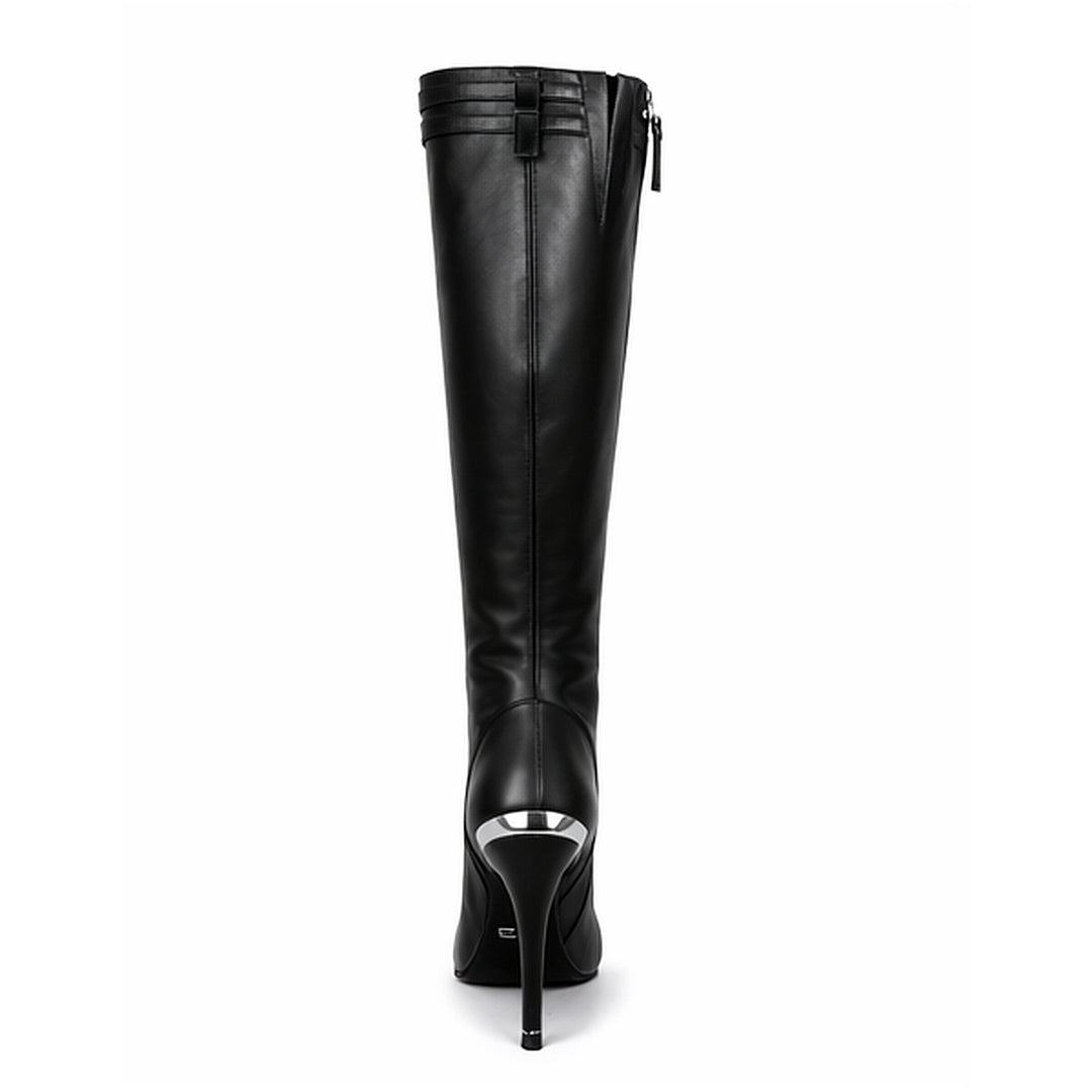 Knee-high boots with high heels and straps (model 404) leather black