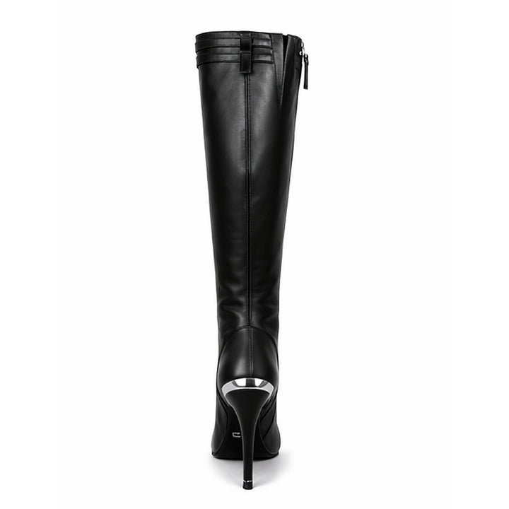 Knee-high boots with high heels and straps (model 404) leather black