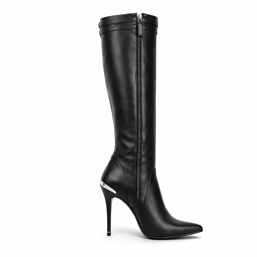 Knee-high boots with high heels and straps (model 404) leather black