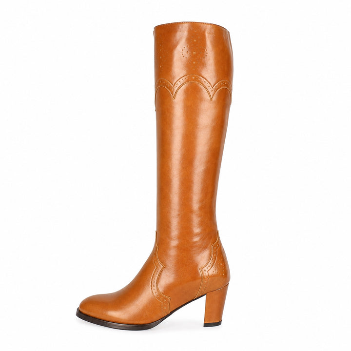 Kniehohe Stiefel mit Brogue-Details (Modell 430) Leder camel