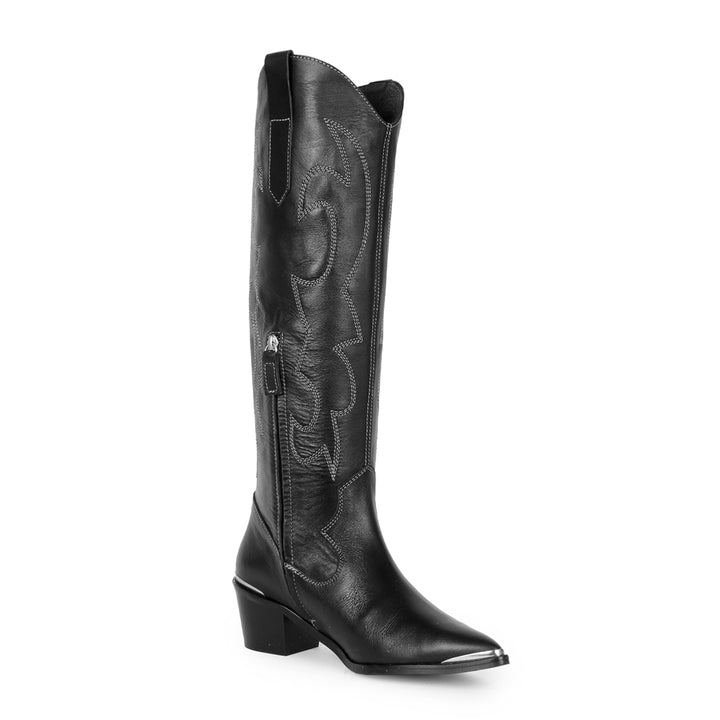 Santiags hauteur genou avec pointe en métal (modèle 480) cuir noir