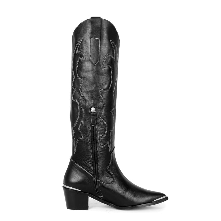 Santiags hauteur genou avec pointe en métal (modèle 480) cuir noir