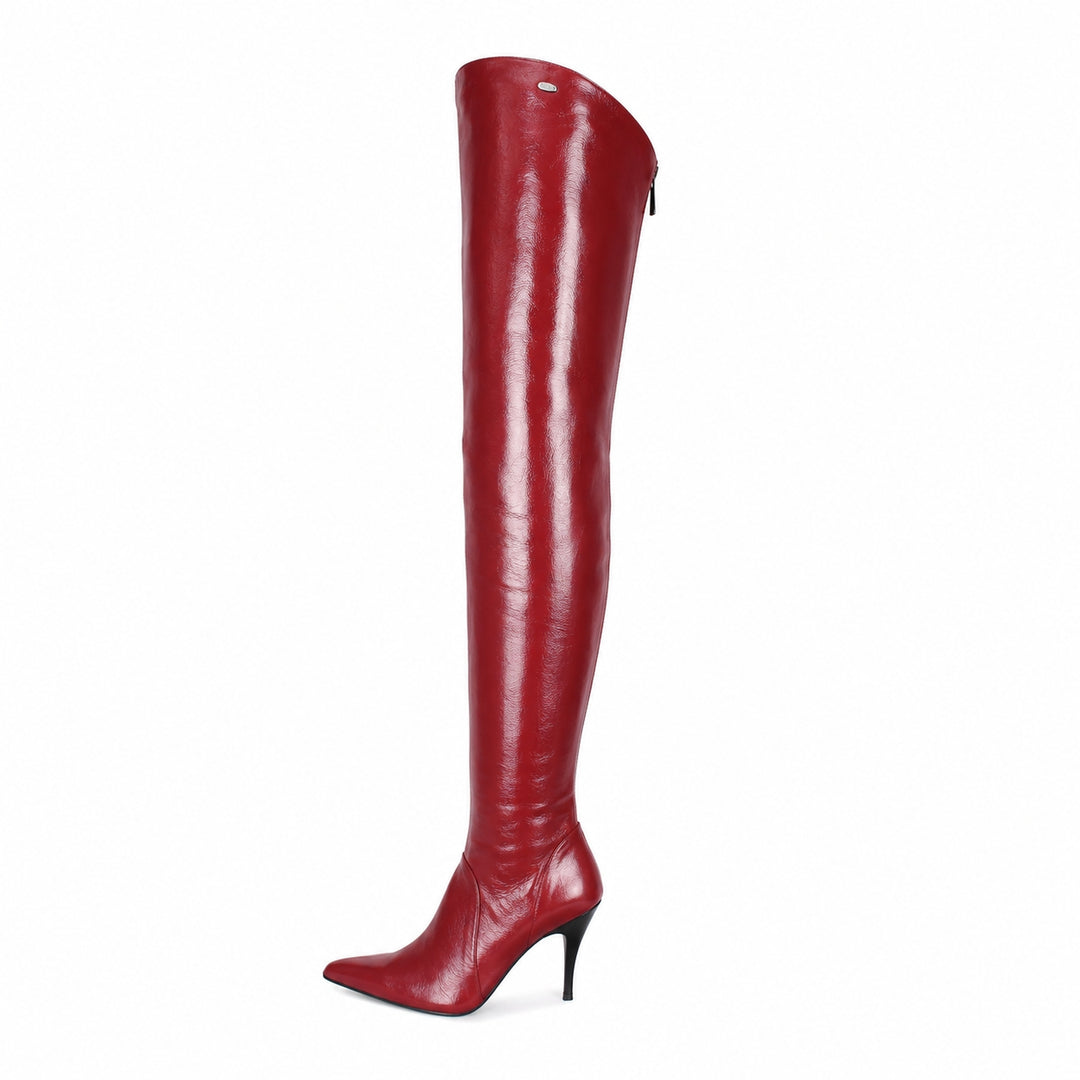 Bottes hautes cuissardes à talons hauts (modèle 504) cuir verni oxblood