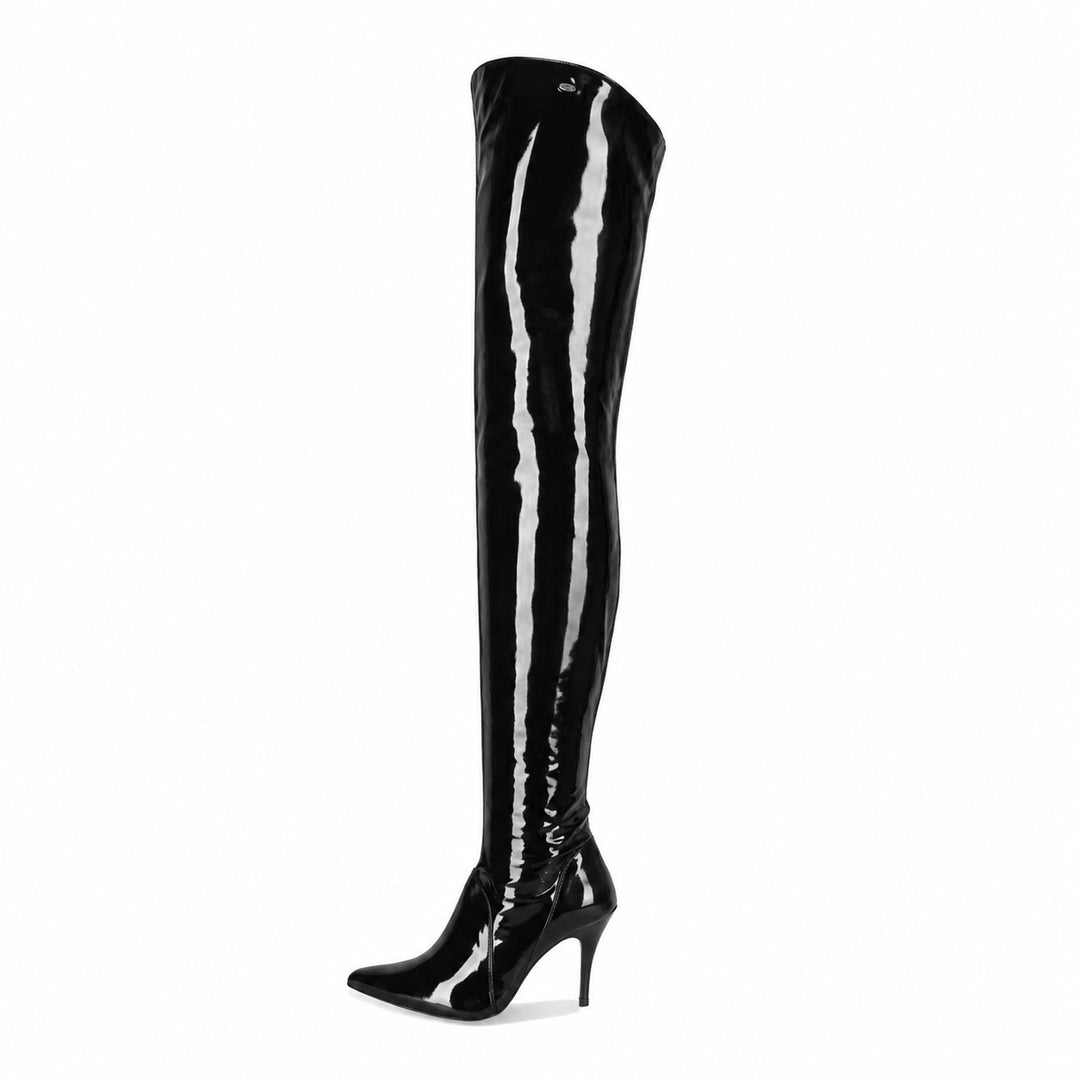 Bottes hautes cuissardes à talons hauts (modèle 504) vinyle noir