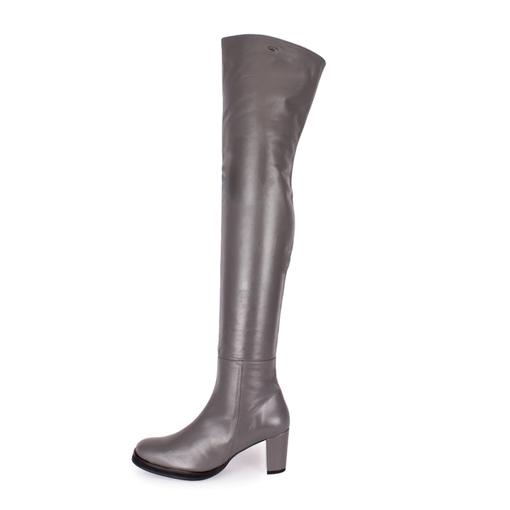 Thigh high boots mid-heel (model 507) leather grey