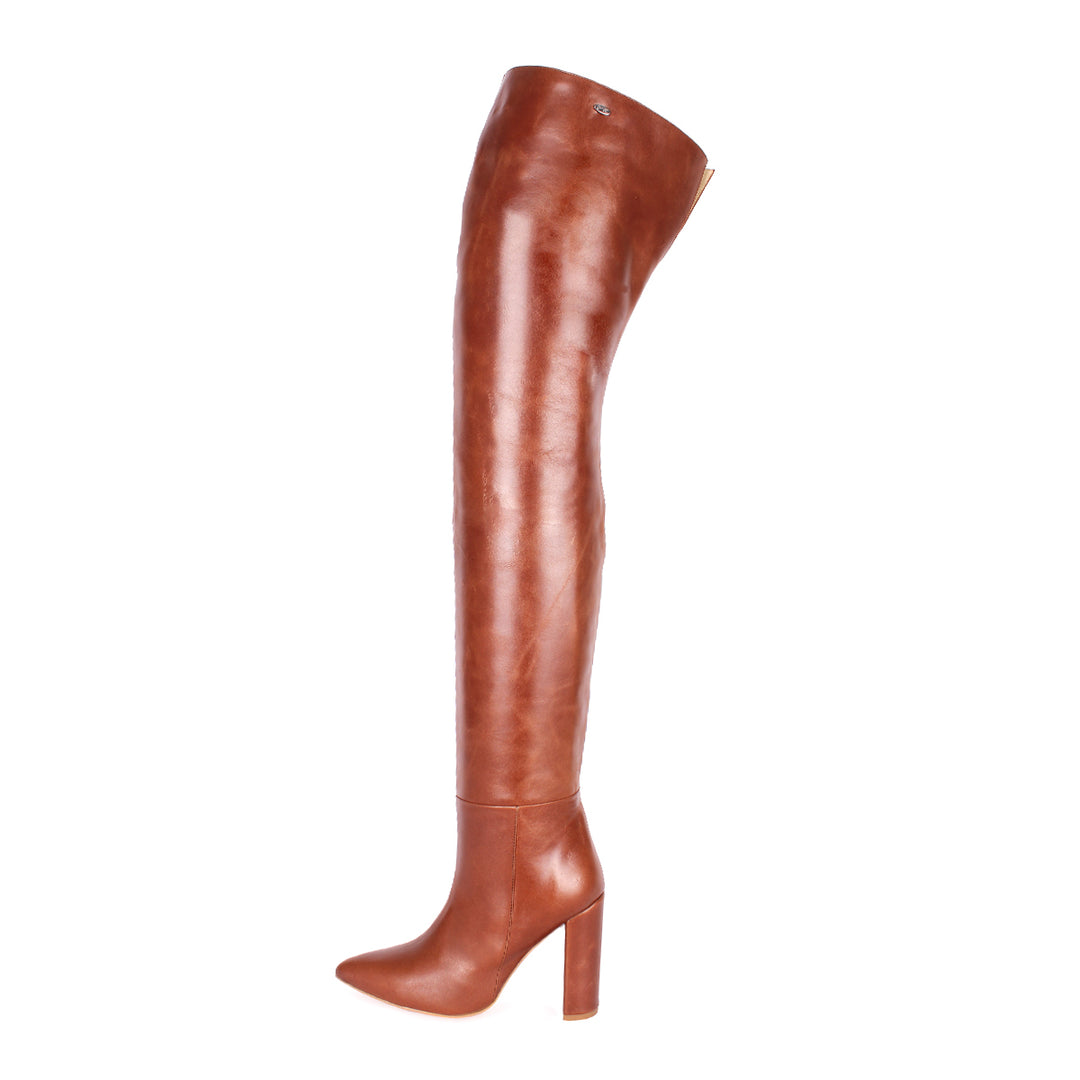 Thigh high boots with block heel (model 540) leather cognac