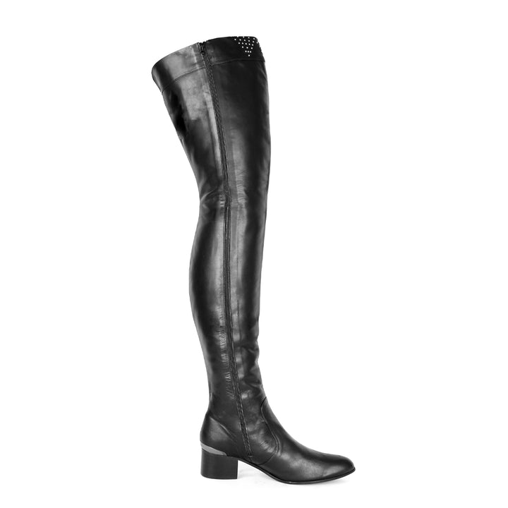 Cuissardes à rivets et talon bloc (modèle 590) cuir noir