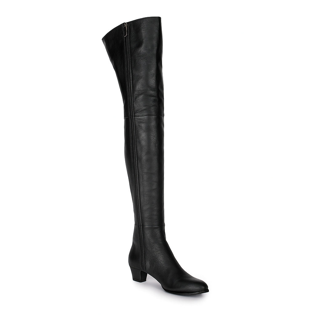 Thigh high boots with rivets and block heel (model 590) black leather